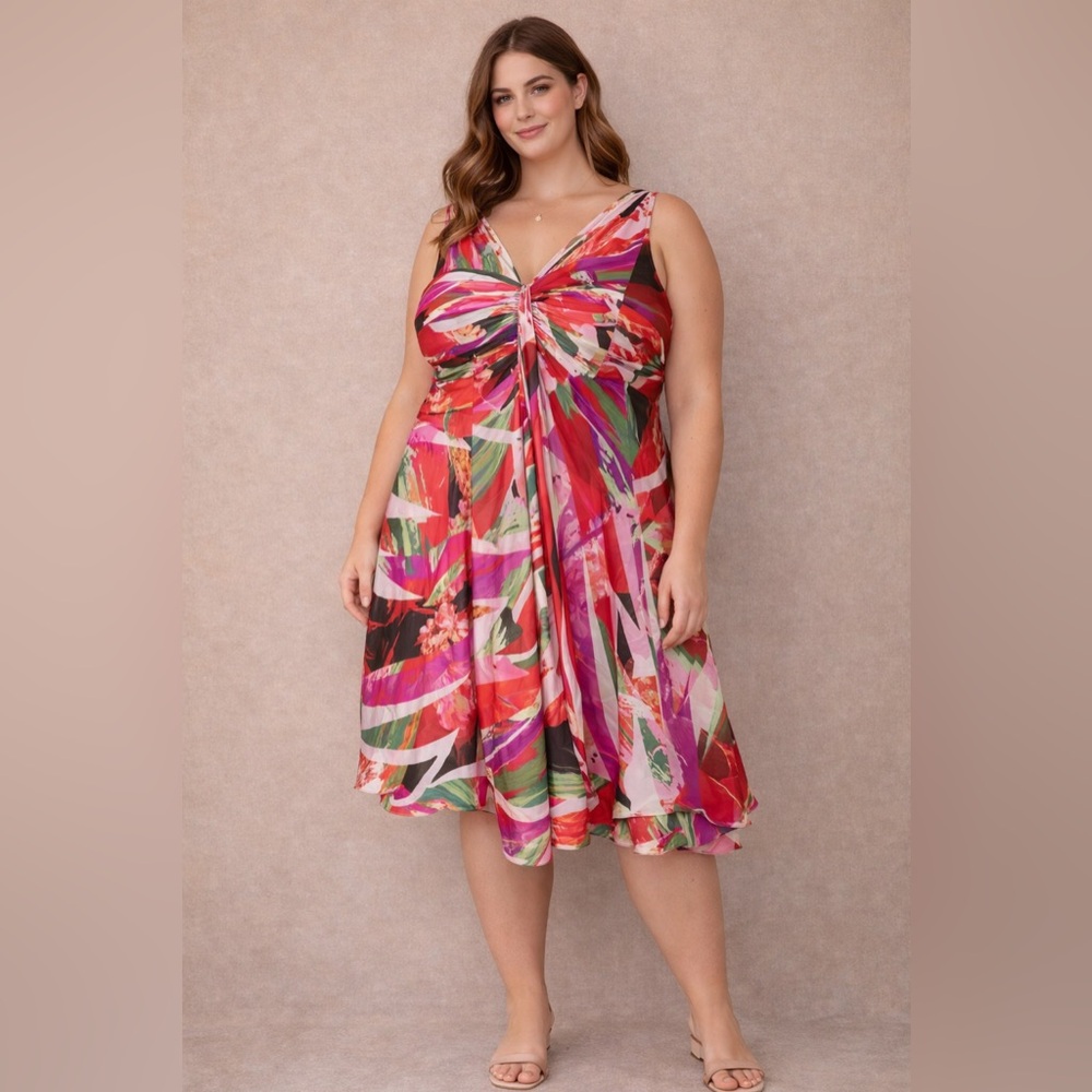 Donna Ricco Y2K Silk V Neck Abstract Pattern Mini Dress Pink Size 14W